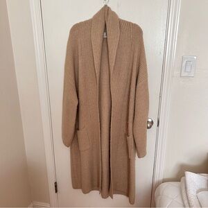 a new day Long Ribbed Open-Front Cardigan in Camel